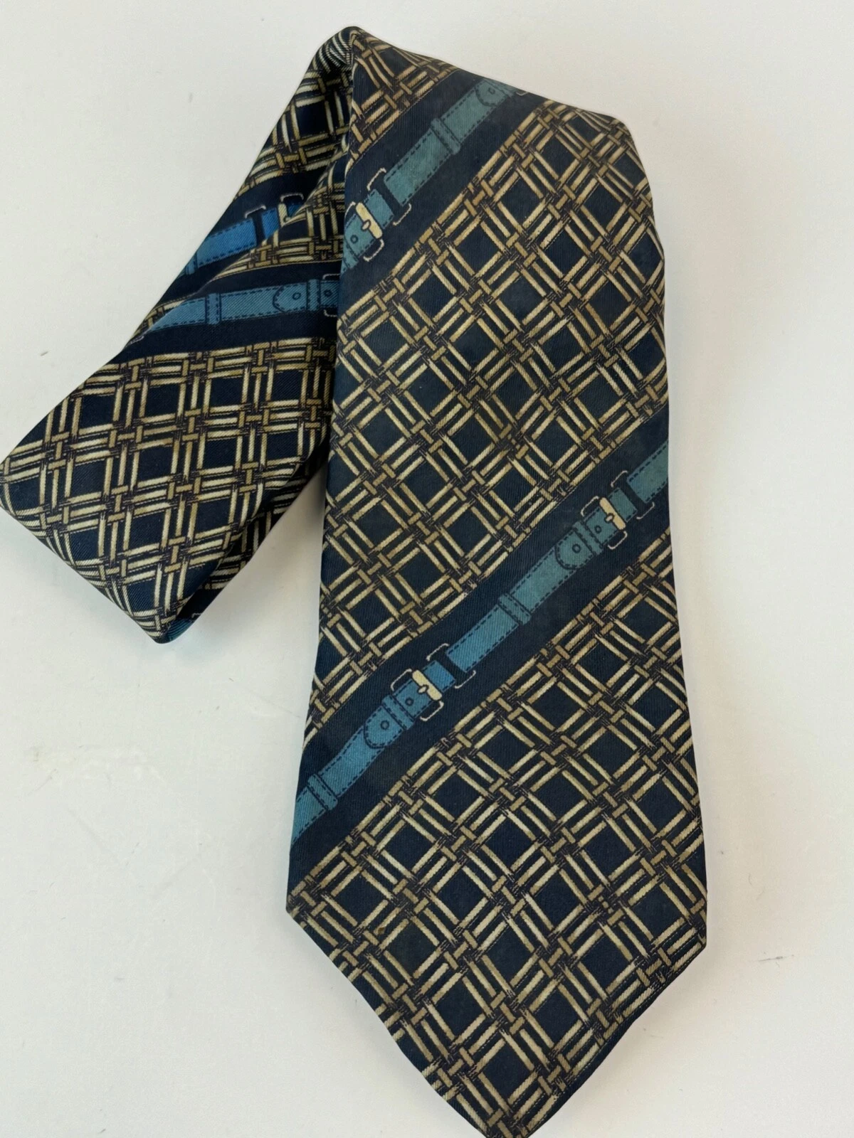 Cravate 100 % soie vintage géométrique Gucci + imprimé ceinture bleue