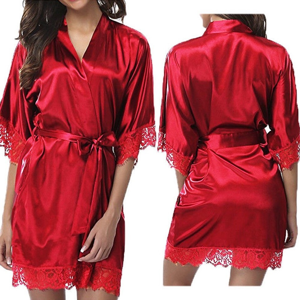 Graceful Women's Silk Lace Bathrobe Sleepwear Nightgown Dress for