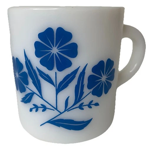 Vintage Hazel Atlas Milk Glass Cornflower Mug Cup White Blue Floral
