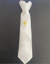 Boys First Communion White Tie with Gold Cross 14"