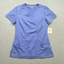 Code Happy Light Blue Knit Panel Mock Wrap Scrub Top Women  s Sz 2XS Distressed