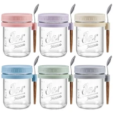 LANDNEOO 6 Pack 16oz Glass Mason Jar Overnight Oats Containers Lids Spoons Ai...