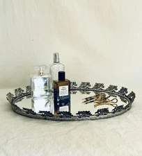 Vintage Mirror Silver Vanity Tray with Floral Edge