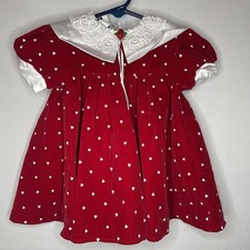 Vintage Made In USA JoLene Red Dress White Hearts 12 Months Lace White Collar