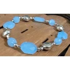 New Faceted Blue Beaded Silver Tone Beads Stretch Bracelet Stackable