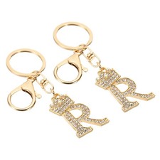 Initial Letter Keychain, 2 Pcs Letter R Crown Design Charm, Gold Tone