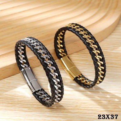 Herren Lederarmband geflochten Edelstahl Cuban Link Magnet gold silber 21cm