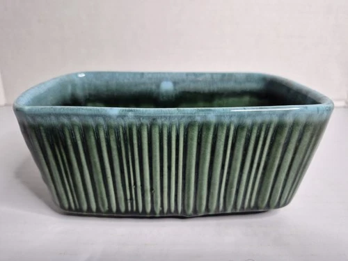 Signed Vintage Hull USA Pottery Planter F467 Ribbed Green Drip Glaze Dish