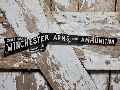 RARE VINTAGE WINCHESTER PORCELAIN SIGN OLD FIREARMS AMMUNITION RIFLE GUN DIECUT