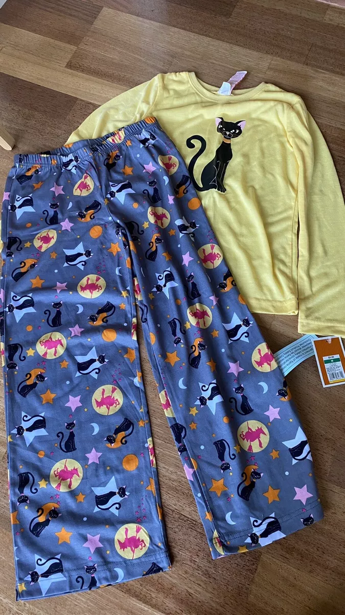 Kids Halloween Pajamas Set Yellow Top w/ Black Cat Gray Pants Witch Size M  8