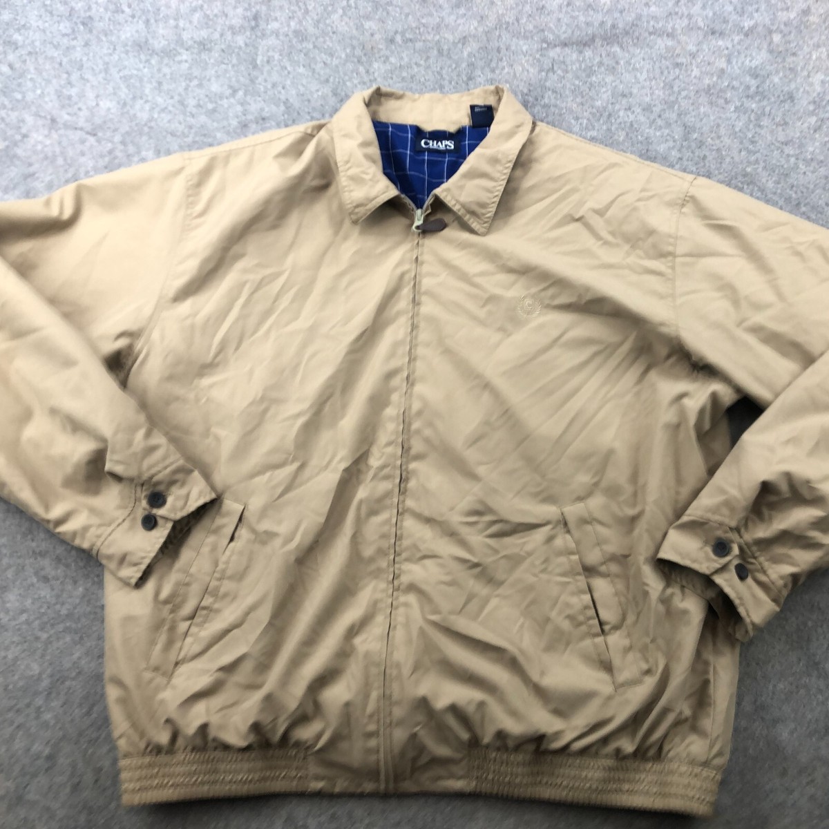 Chaps Jacket Men Large Beige Plaid Lined Cotton Bomber Golf 