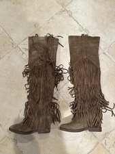 Ash Gipsy thigh high brown suede tiered fringe pull on boots Sz 8 (39M) HTF box
