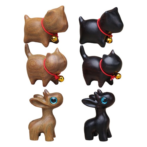 Mini Animal Figurine Wood Carving Cute Cat Dog Deer Desk Figurine Ornament