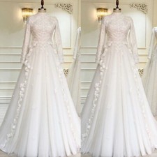 White Muslim Wedding Dresses Bride Appliques Flowers Long Sleeve Floor Length