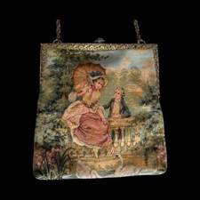 1930s Vintage Tapestry Purse Handbag Man  Woman in a Pastoral Scene Gold Detail