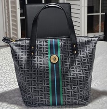 Tommy Hilfiger Monogram Tote W/Green Blue  Black Stripe Down, Top handles