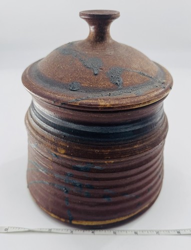 Pottery Lidded Jar Tobacco Marked jF Stoneware Ceramic Hand-painted Art VTG - Picture 5 of 13