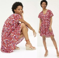 ANTHROPOLOGIE Robin Tiered Mini Dress Red Pink Purple Ruffle VNeck Geo Sz S