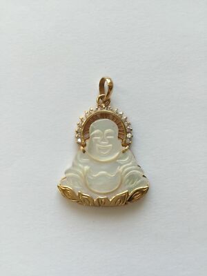 14K Solid Yellow Gold Happy Laughing Buddha Carved Shell Pearl