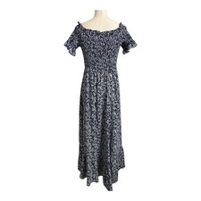 Lulus Blue White Maxi Dress Smocked M RD4309 High-Low Floral Ruffled
