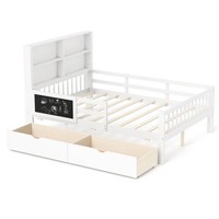 Double Bed Frame Solid Wood Platform Bed with 2 Storage Drawers