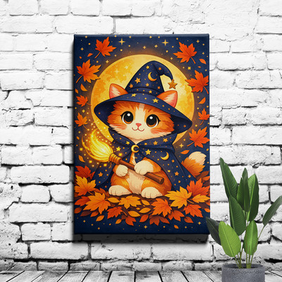 Autumn cat wizard magic oil painting style canvas wall art print, unframed