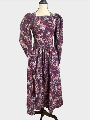 Vintage Laura Ashley Great Britain Purple Floral Cotton Prairie Midi Dress 6