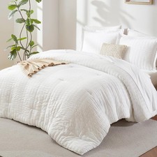King Size Comforter Set White, 7 Pieces Seersucker Textured Luxury Bed in a Bag,