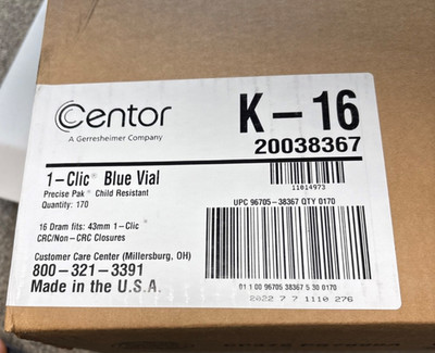 Centor K-16 vial, PM-16, Blue 1-Clic Prescription Vial New (170 EA/Case)