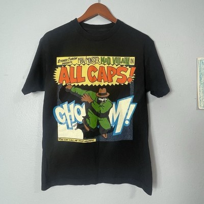 MF Doom Madvillain All Caps Stones Throw Label Rap Tee Black T-shirt Size Medium