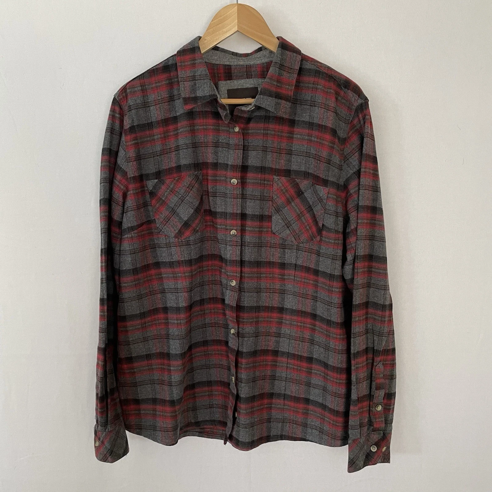 CQR Women's XL Flannel Plaid Red, Gray & Black Button Front Long Sleeve Shirt
