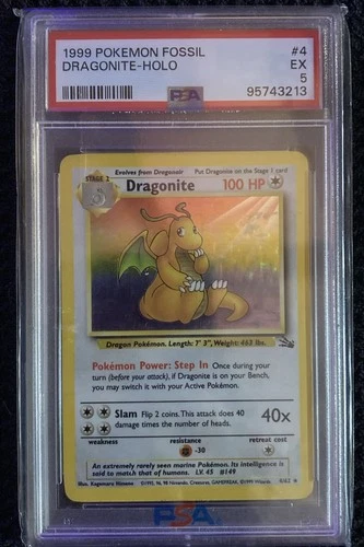 1999 Pokemon Fossil Dragonite Holo 4/62 Unlimited PSA 5 EX WOTC Vintage TCG Card