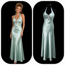 Vintage 90s Y2K Jessica McClintock Mint Satin Halter Rhinestone Prom Gown 3/4