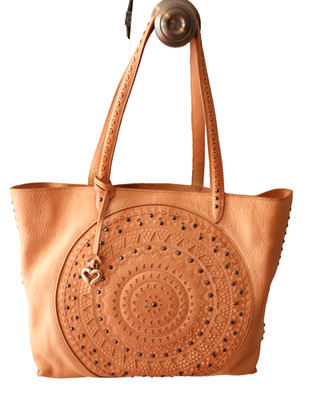 BRIGHTON Ferrara Nude Color 3D Cut Out Embossed Studded Leather Handbag Tote Bag