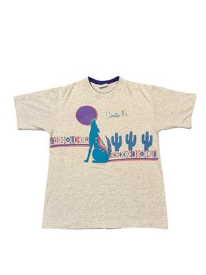 VTG 80s 90s Santa Fe Ringer T-Shirt XL Coyote Howling Moon Cactus Southwestern