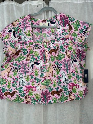 Printfresh Must Love Dogs Pink Print  Pin Tuck Button Up Cotton Pajama Shirt L