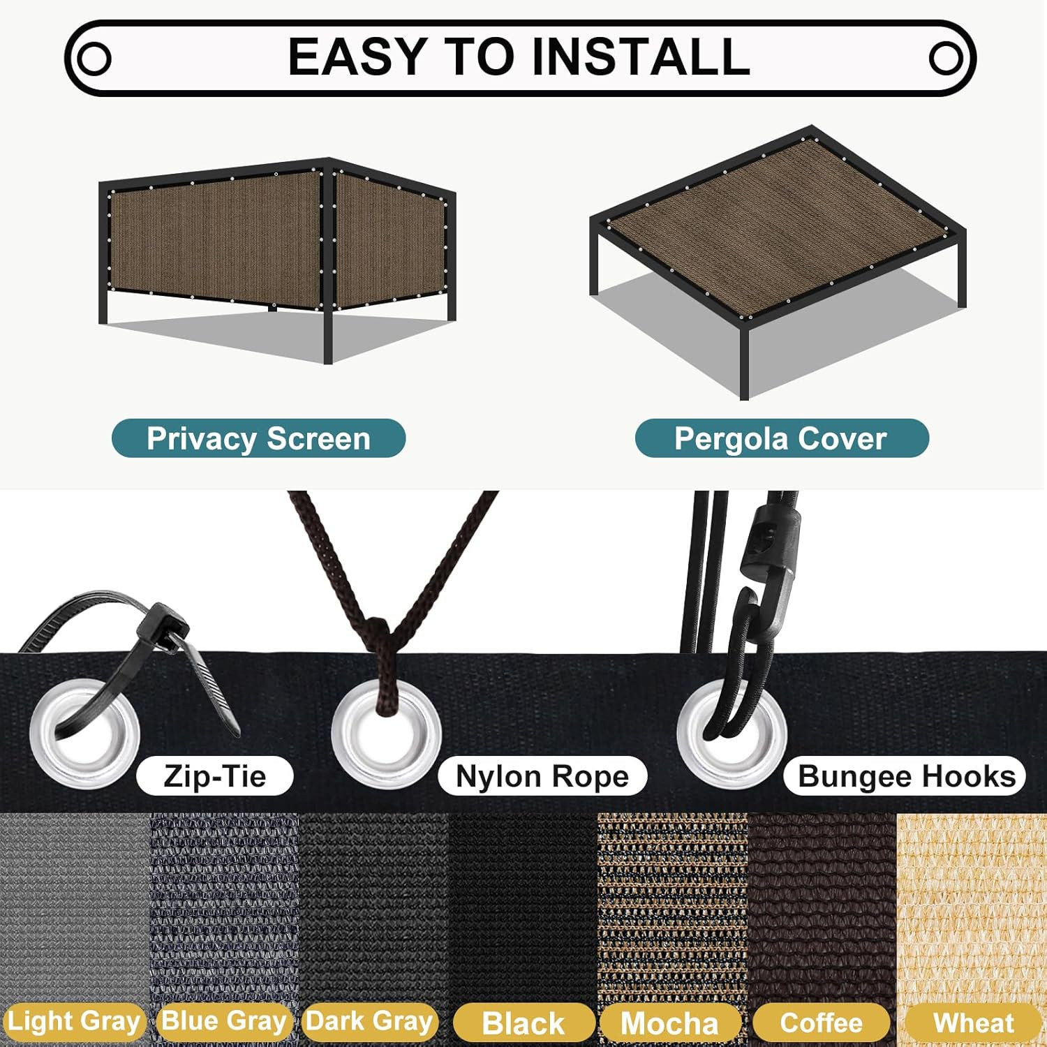 90% Sun Shade Cloth with Grommets, 8' X 12' Pergola Shade Cover Canopy, Mesh Tar