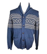 J.Crew Men's Cardigan Sweater Fair Isle Shawl Neck Button Front Navy Wool Alpaca