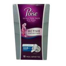 Poise Active Collection Ultra Thin Pads Wings 18 Pads Regular Length Moderate