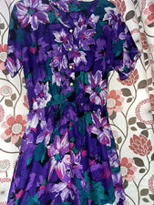 Cervelle Vintage Purple Floral Rayon Midi Dress Button Front Collared