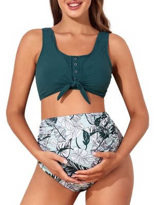Summer Mae Maternity Ribbed Two-Piece Swimsuit Front Knot Crop Top Bikini High