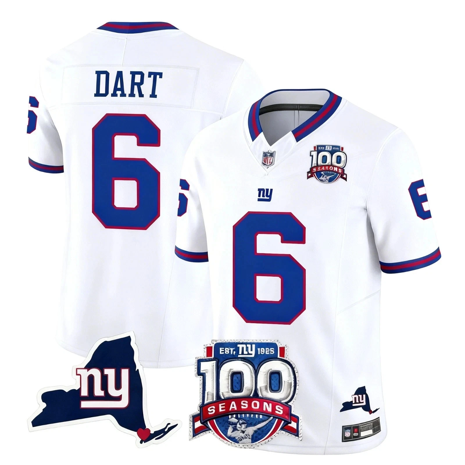 Men's Giants Jaxson Dart 100th Alternate Royal White Football Jersey
