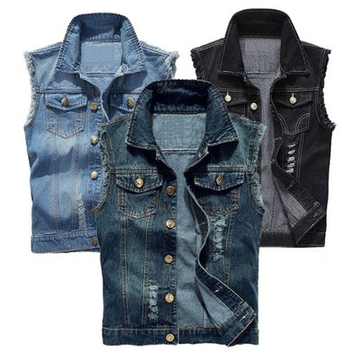 Herren Denim Westen Zerrissen Casual Ärmellos Biker Fashion Jeansweste DünneJack