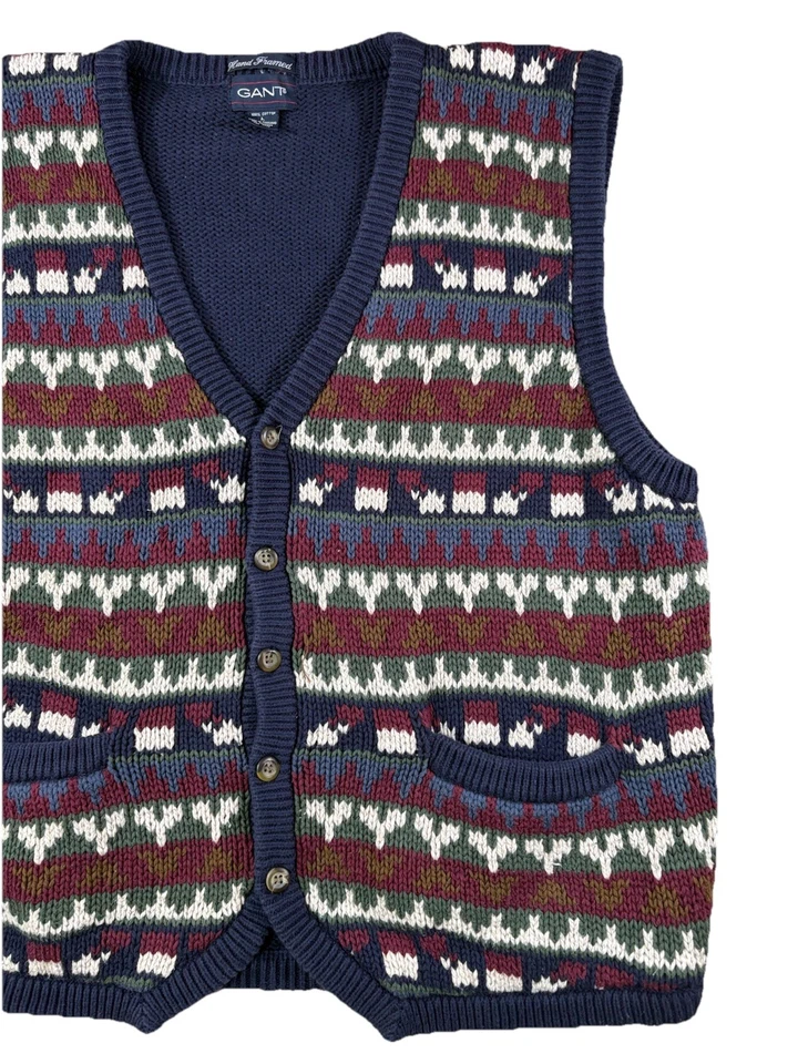 Chaleco Suéter Gant Vintage Estampado Geométrico Enmarcado a Mano Abuelo • Talla Grande Foto 3 de 4