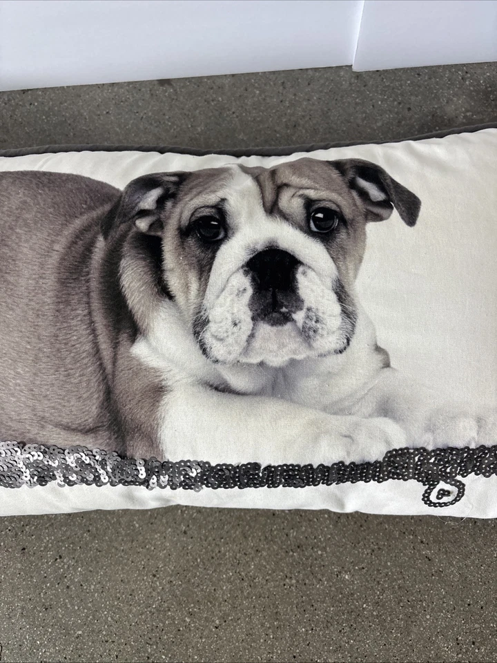 Pottery Barn Teen ~BULLDOG INGLÉS ~ PERROS DE FIESTA ~ ALMOHADA - MONOPATÍN DE LENTEJUELAS Foto 2 de 4