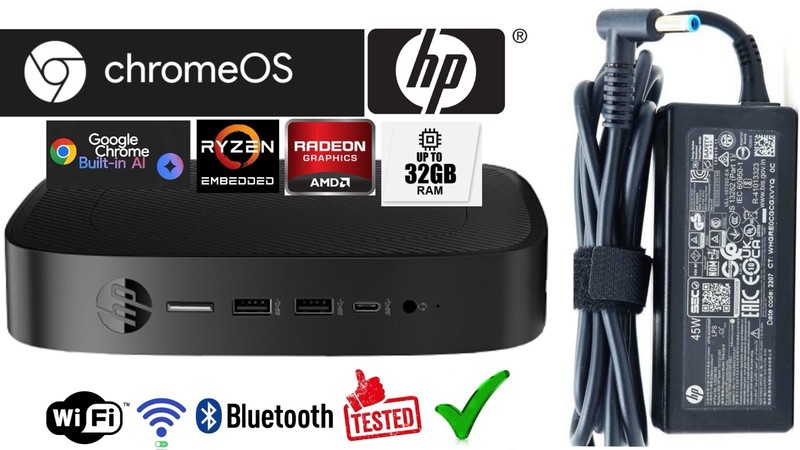 HP Mini PC Ryzen R1505G 3.3GHz 8GB RAM 128GB M.2 SSD ChromeOS Wifi/BT/ AC adapt✅