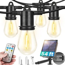 54FT(48+6) Solar String Lights Outdoor Waterproof with USB Port & Remote Control