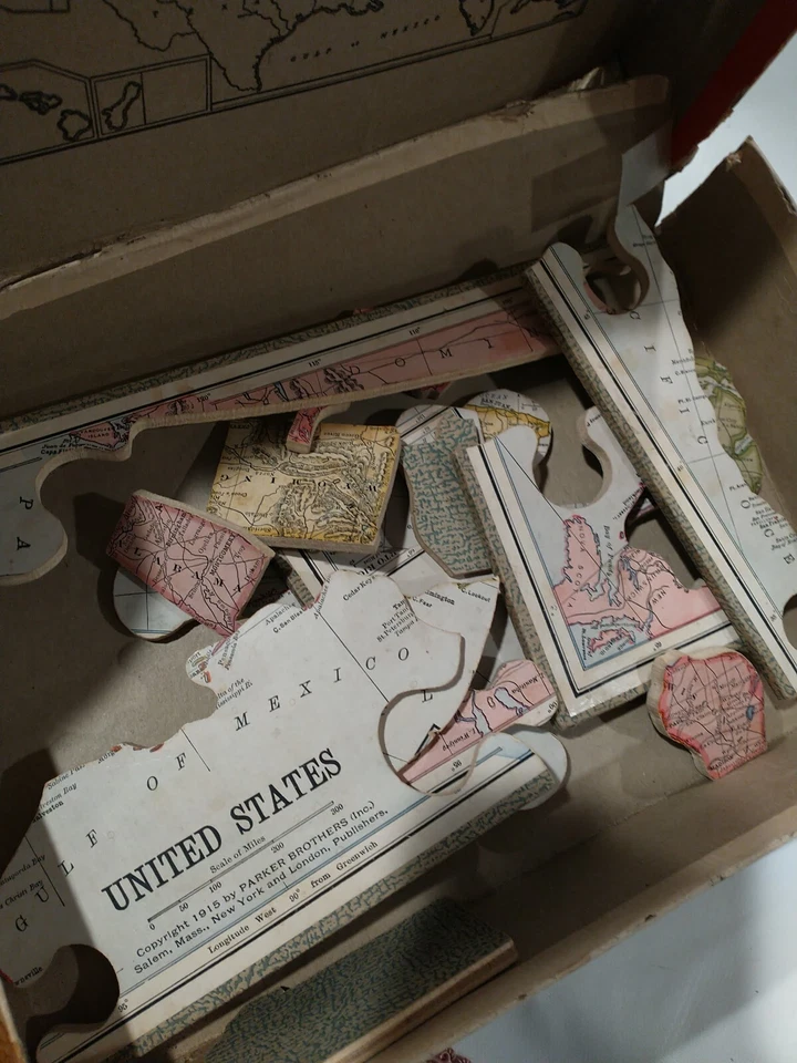 Antiguo mapa rompecabezas de madera de los hermanos Parker 1915 de Estados Unidos completo en caja Foto 3 de 4