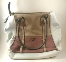 Guess Pink Tan White Tote Style Shoulder Bag Leather Purse