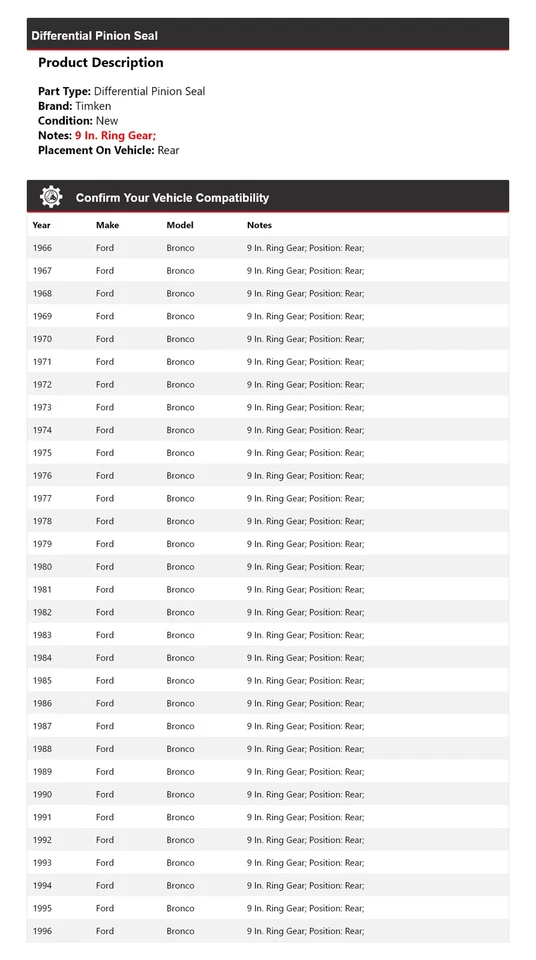 Sello de piñón diferencial trasero para Ford Bronco 1966-1996 Timken 1967 1968 1969 Foto 2 de 4